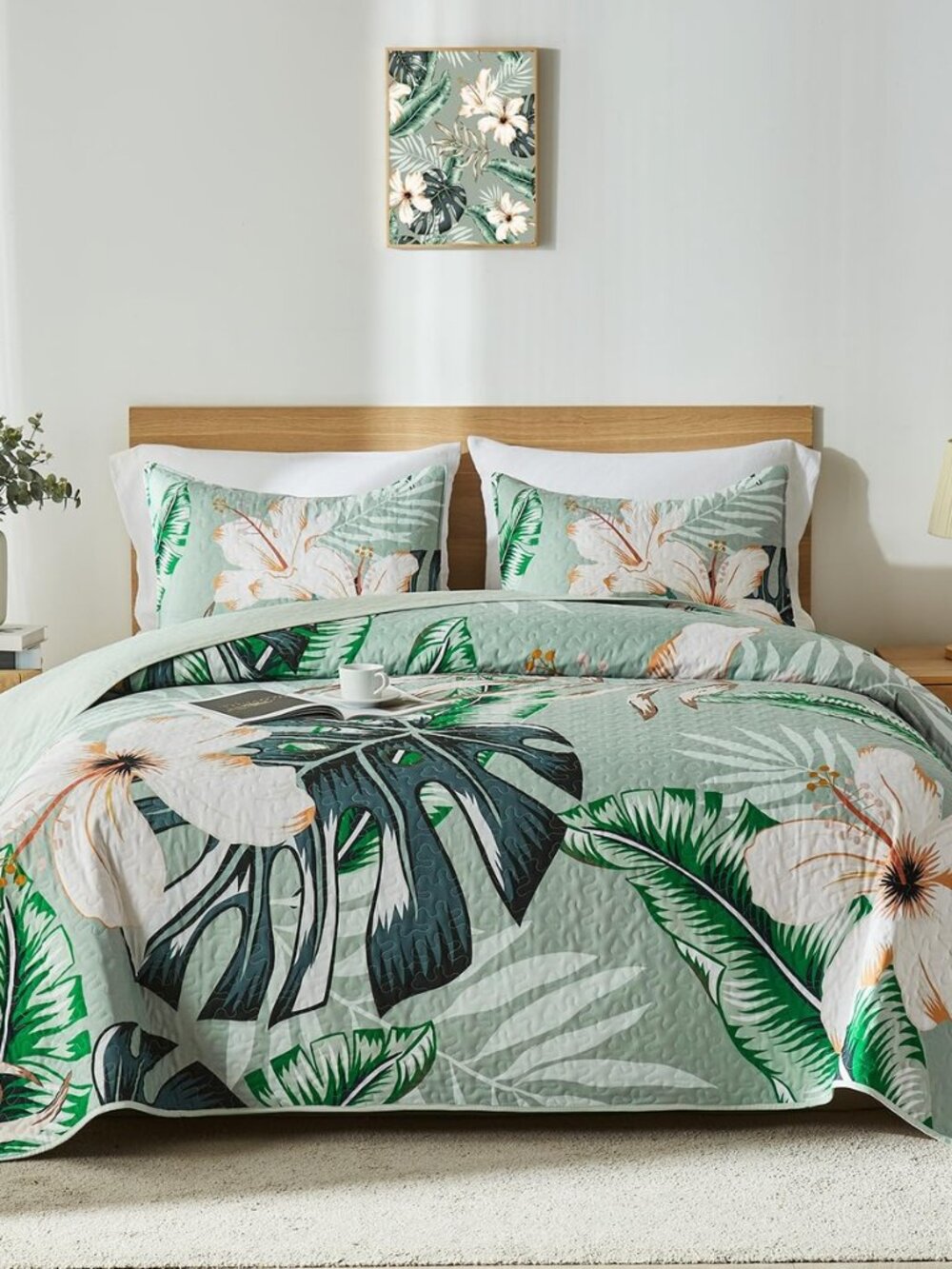 Queen Quilt Bedding Set,White Botanical Pattern Sage Green Full/Queen Quilt